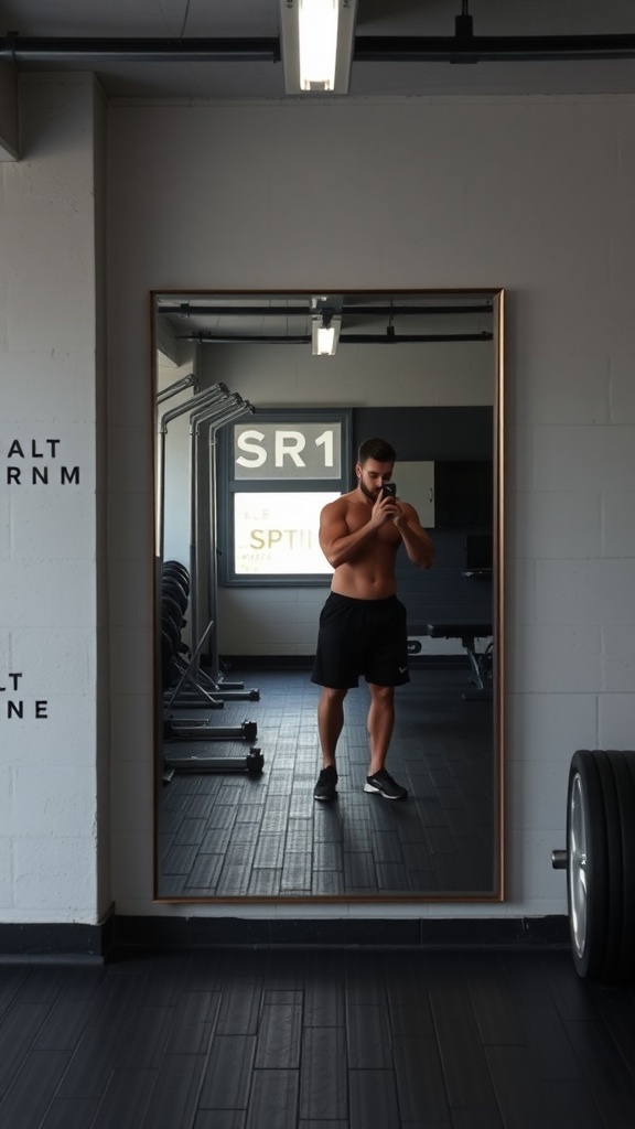 A gym with a mirror wall, showing a person checking their form while exercising.