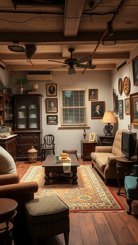 A vintage basement living room with antique furniture, framed portraits, and a warm color palette.