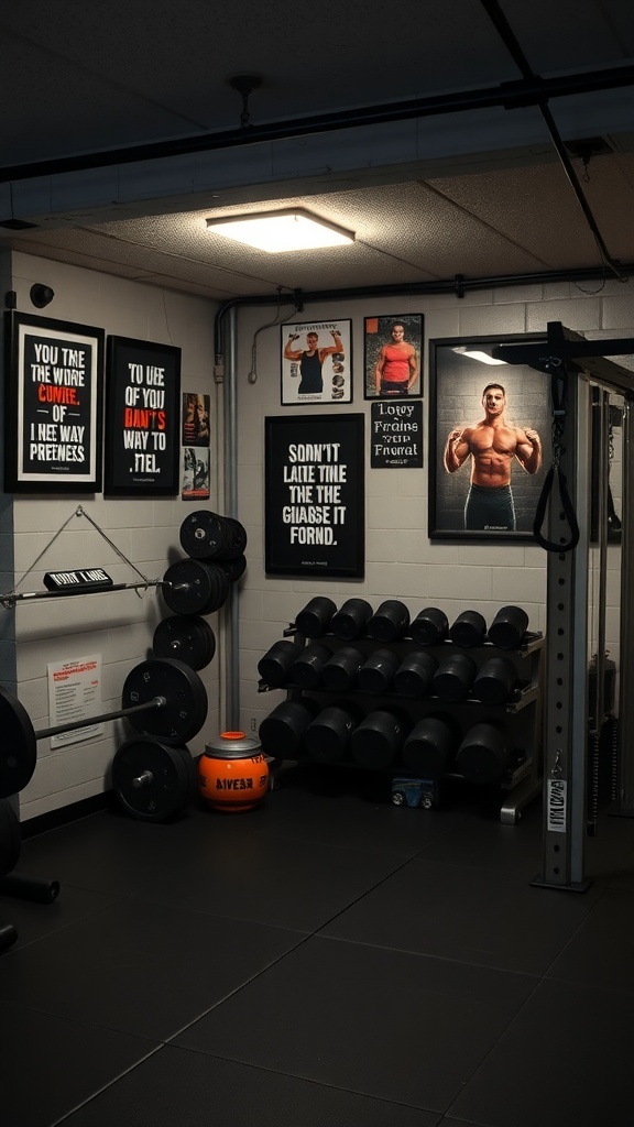 A basement gym with motivational quotes displayed on the walls and dumbbells organized on a rack.