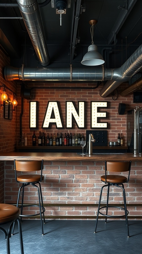 Industrial chic basement bar with exposed brick walls and metal accents