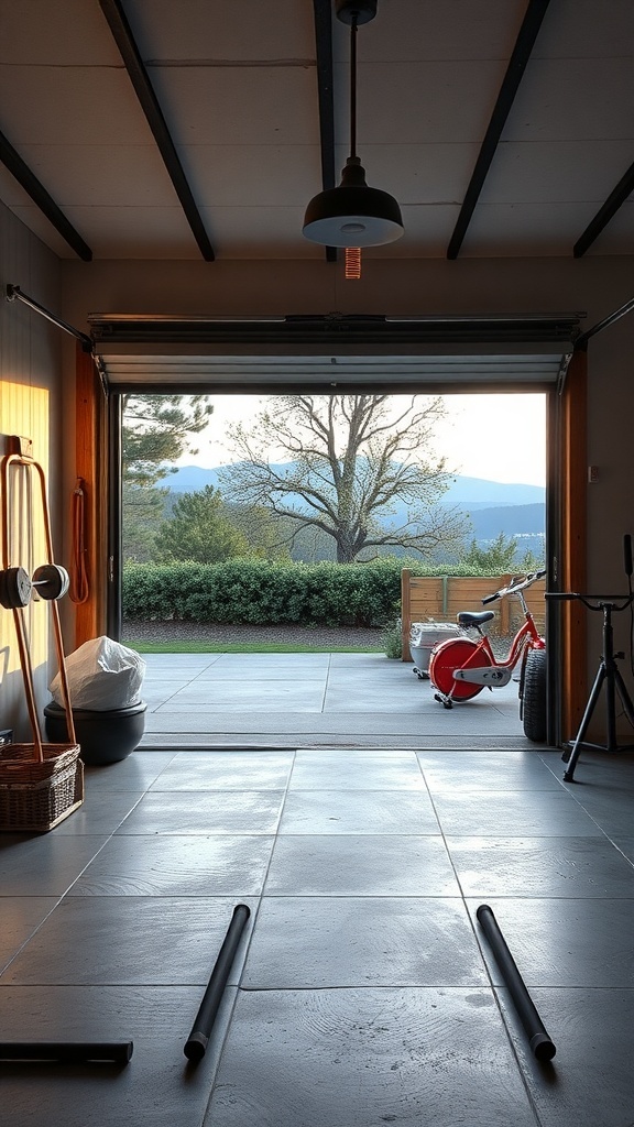 A garage gym with open doors revealing a scenic outdoor view, showcasing workout equipment and natural light.