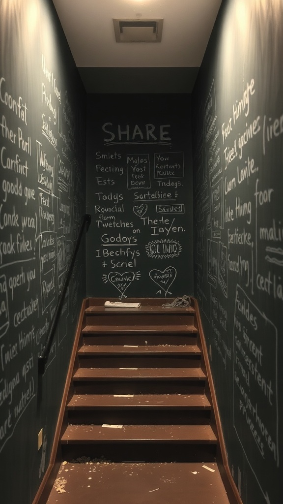 Chalkboard wall with notes and messages on both sides of a staircase