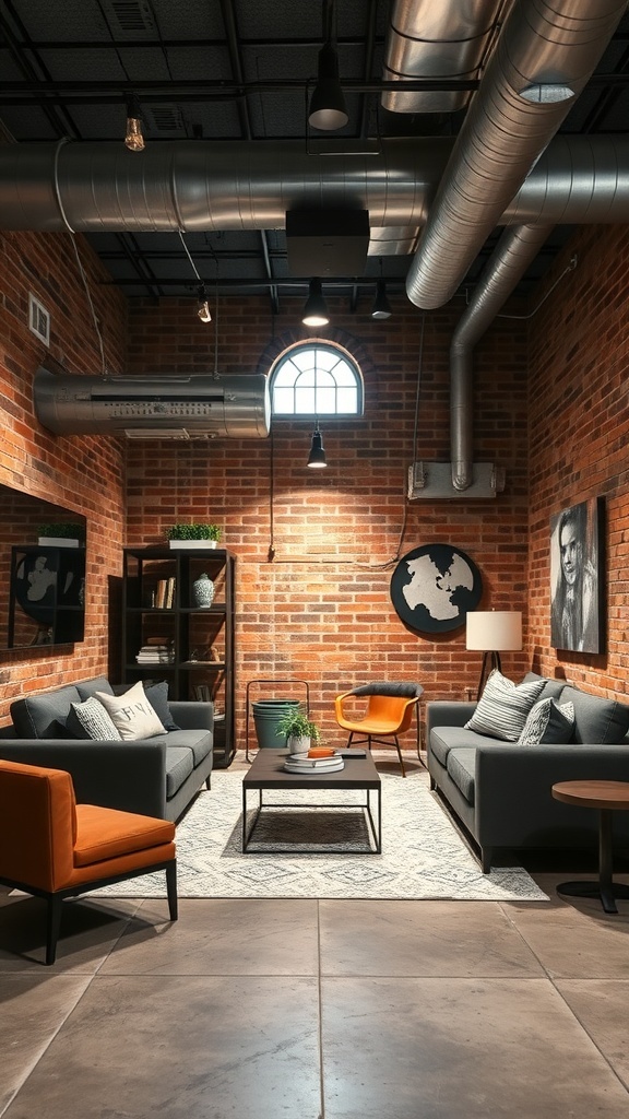 A stylish industrial chic basement living room featuring exposed brick walls, gray sofas, an orange accent chair, and modern lighting.