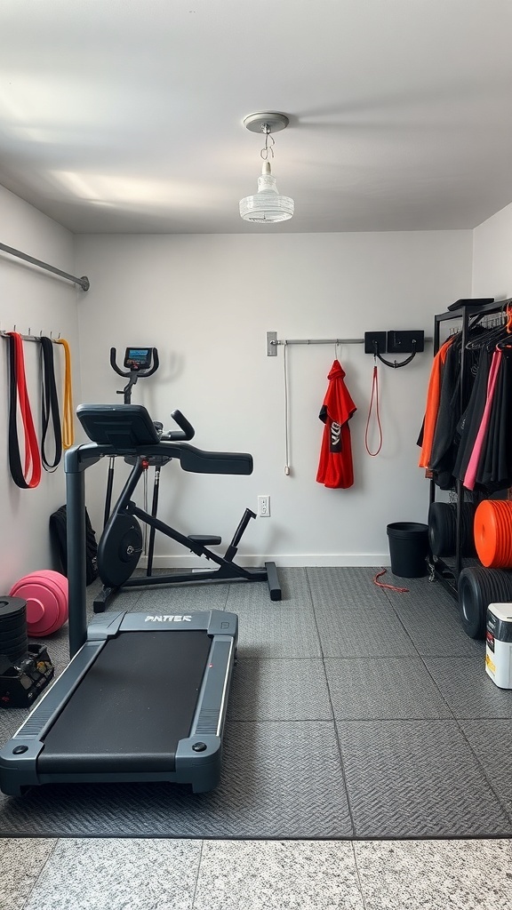 A compact garage gym featuring foldable exercise equipment, including a treadmill and a stationary bike, along with weights and resistance bands.