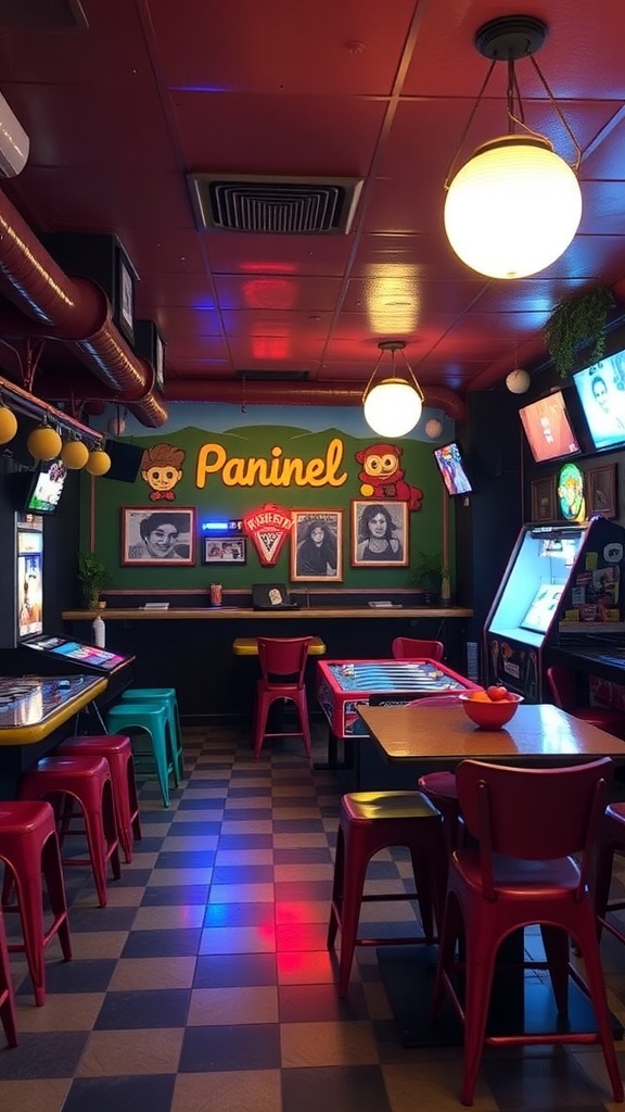 A colorful family-friendly basement bar area with arcade machines and vibrant seating.