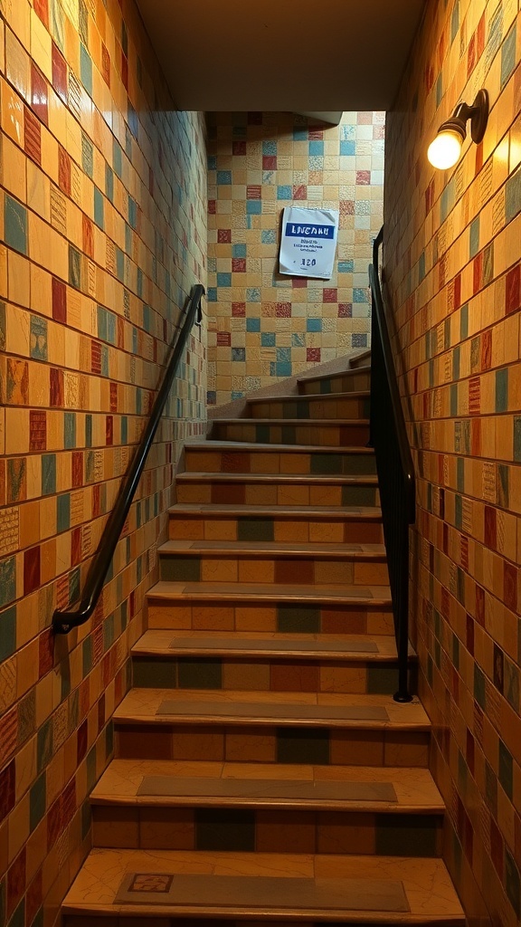 Colorful mosaic tiles on basement stairs walls