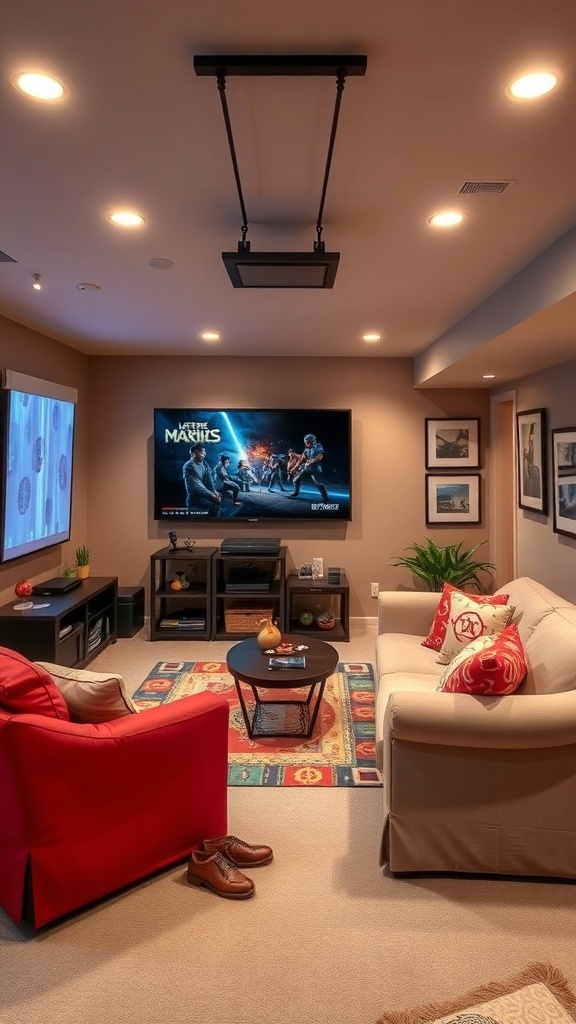 Cozy basement family entertainment zone with a large TV, comfortable seating, and warm lighting.