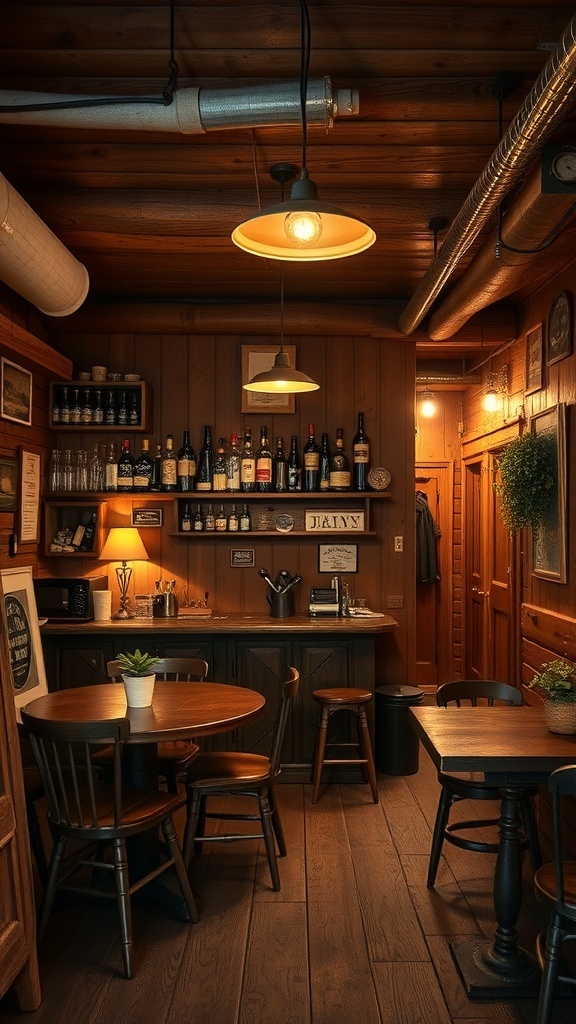 A rustic wooden bar with vintage accents, featuring warm wood tones, a well-stocked shelf, and cozy lighting.