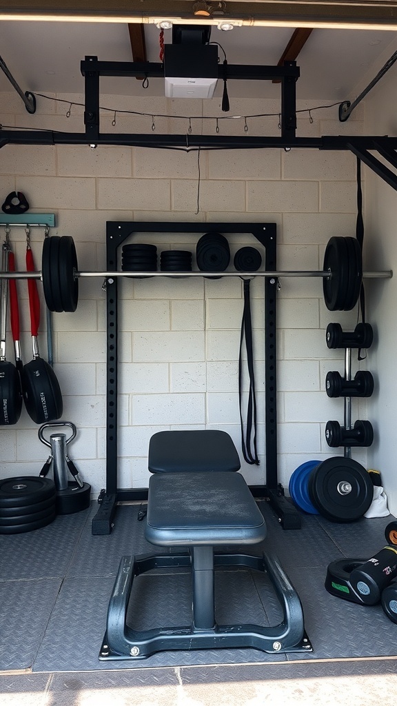 Compact weightlifting station with a bench, barbell, and weights in a garage gym