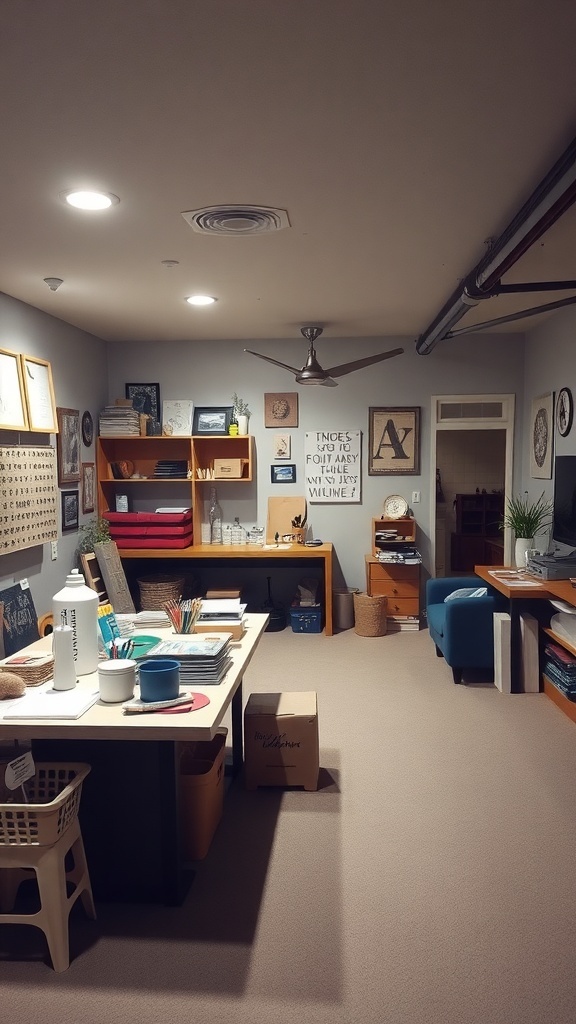 A multi-purpose crafting area in a basement with a large table, shelves filled with supplies, and comfortable seating.