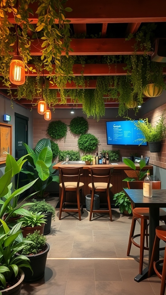 A cozy basement bar with plants, wooden furniture, and a TV.