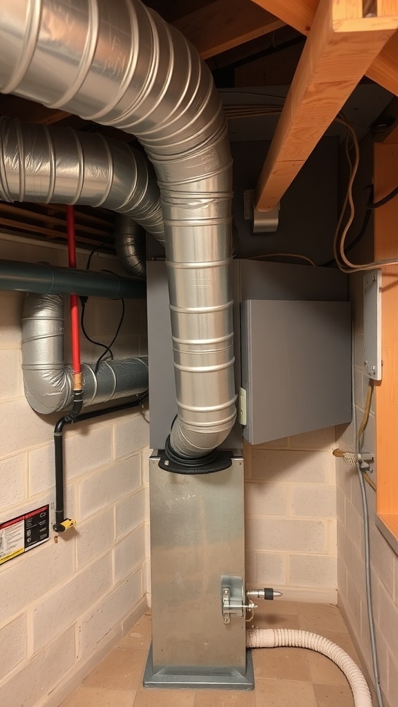 A basement ventilation system with ducts and a unit for air circulation.