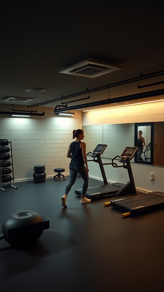 A well-lit basement gym with a woman walking on a treadmill, showcasing smart lighting solutions.