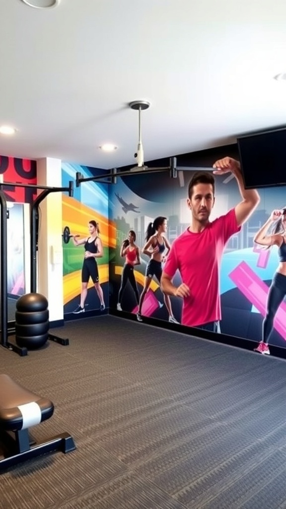 A basement gym with inspiring wall murals featuring a woman lifting weights and a man standing confidently.