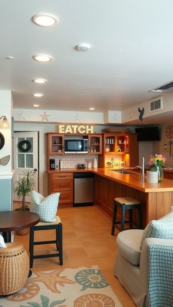 A cozy basement bar with wooden cabinetry, ocean-themed decor, and a TV.
