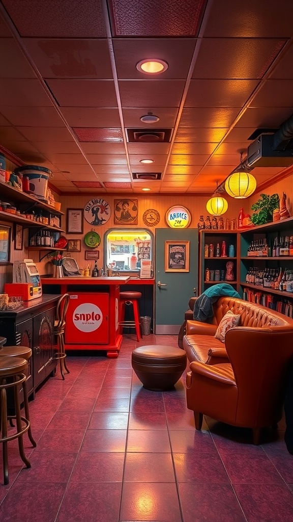 A retro 70s style basement bar with warm lighting, a red bar counter, leather seating, and vintage decor.