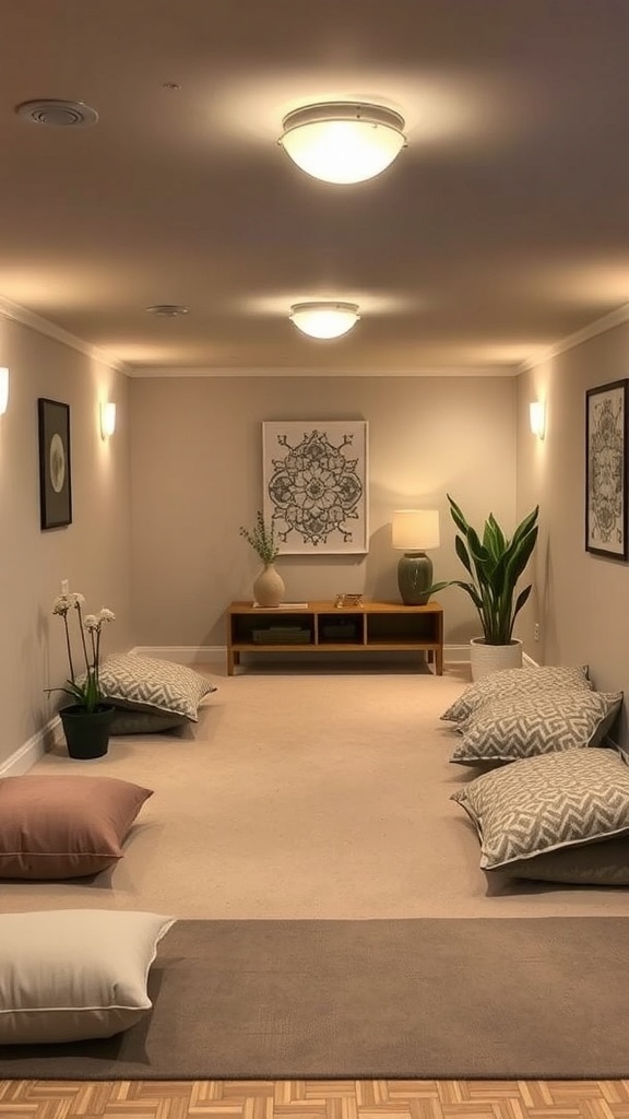 A serene meditation space in a basement with floor cushions, plants, and calming decor.