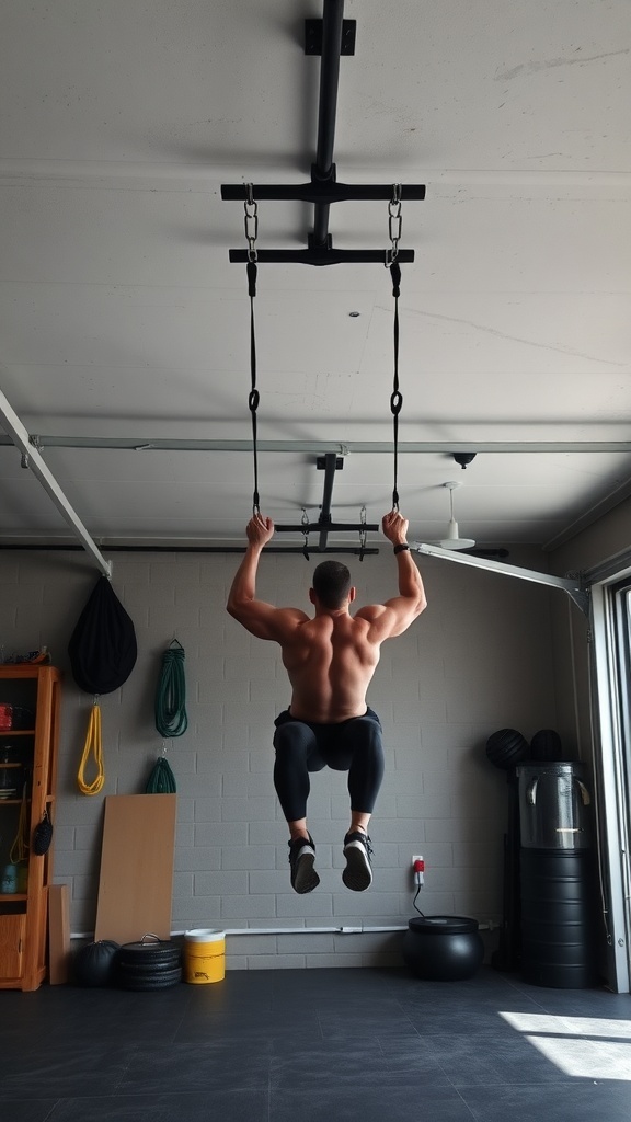 A person using a suspension training system in a garage gym.