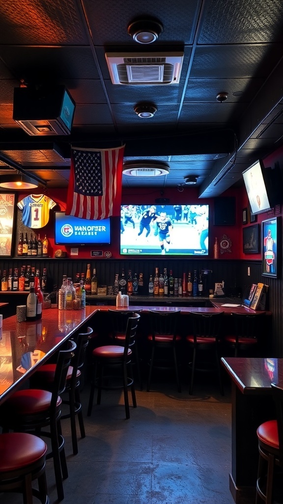 A cozy basement bar with a large TV, bottles on the shelf, and sports memorabilia.
