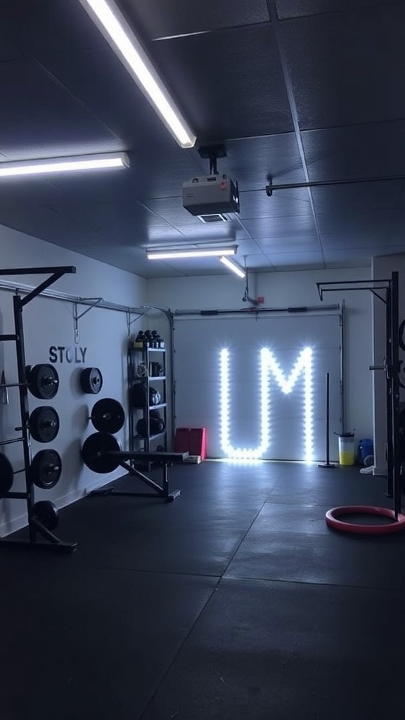 A garage gym with bright overhead lights and glowing letters on the wall.