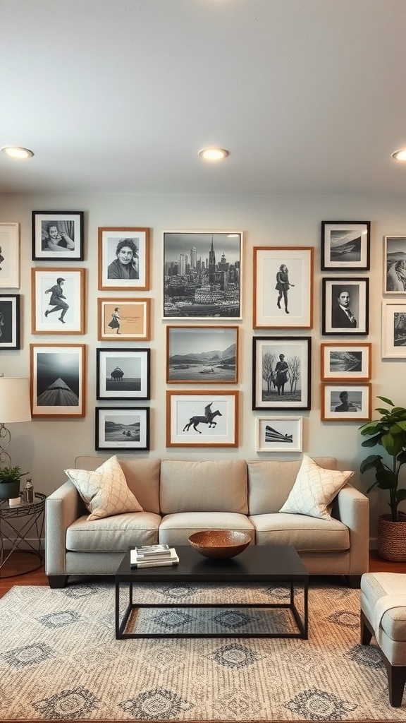 A cozy basement living room featuring a gallery wall with various framed artworks, a comfortable sofa, and a coffee table.