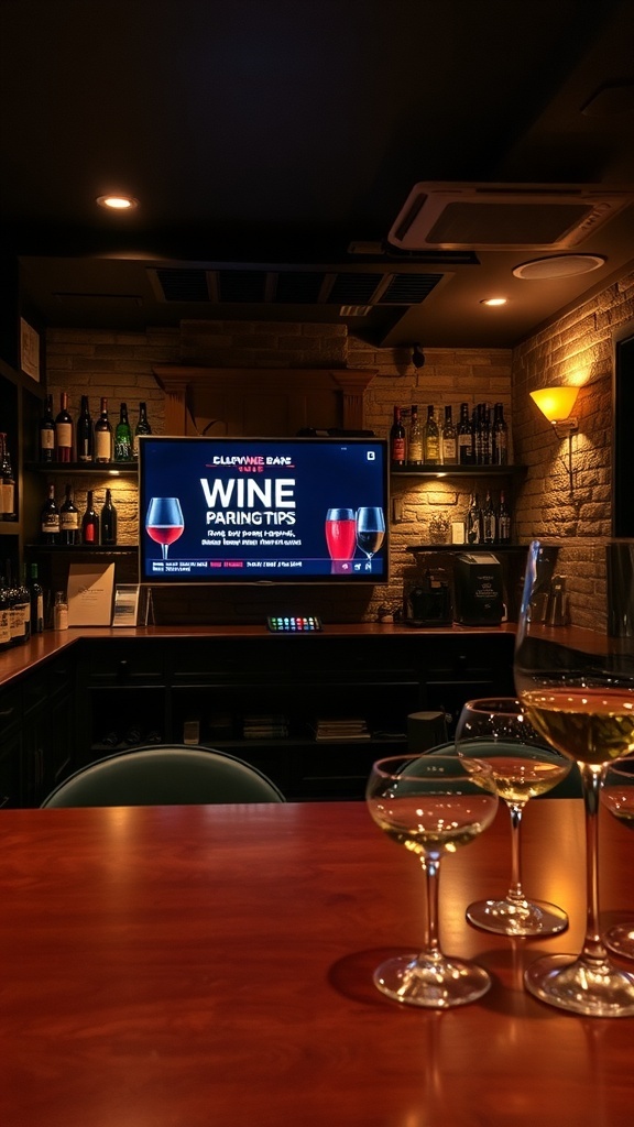 A stylish basement bar with a TV displaying wine pairing tips, featuring elegant glasses and a variety of wine bottles.