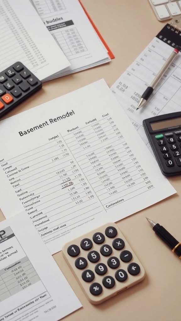 A detailed budget sheet for a basement remodel with calculators and notes.
