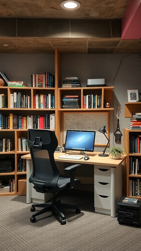 A well-organized home office in a basement with a desk, ergonomic chair, bookshelves, and a desk lamp.