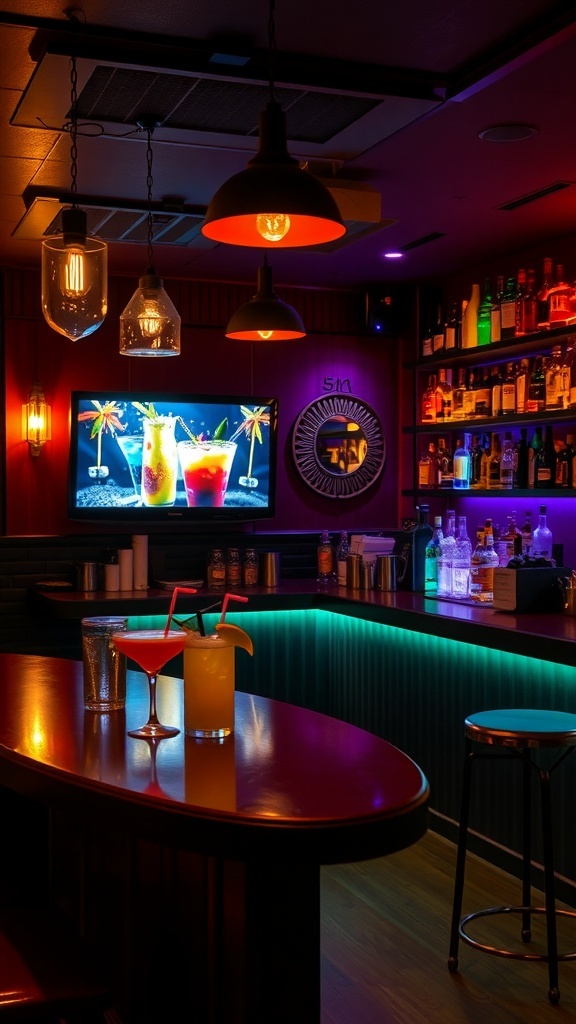 A cozy basement bar with a TV, featuring colorful cocktails and modern lighting.