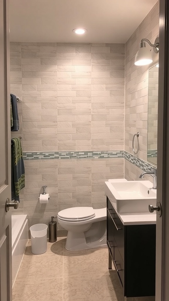 Modern basement bathroom with light-colored tiles, a bathtub, and a stylish sink.