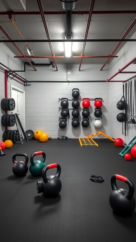A functional training space in a half garage gym with kettlebells, weights, and medicine balls.