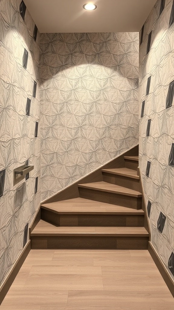 Stylish basement stairs with textured wallpaper featuring a geometric pattern.