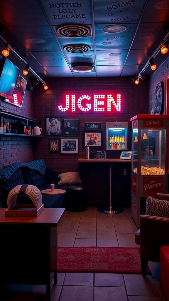 Cozy themed movie night bar with neon sign, popcorn machine, and movie posters.