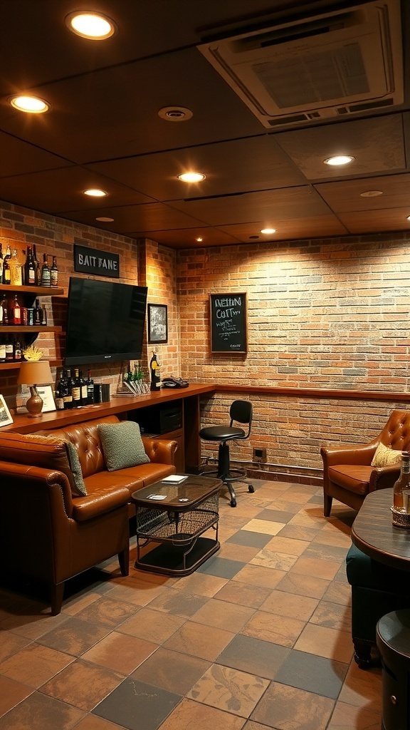 Cozy basement bar with a TV, leather seating, and a stocked bar area.