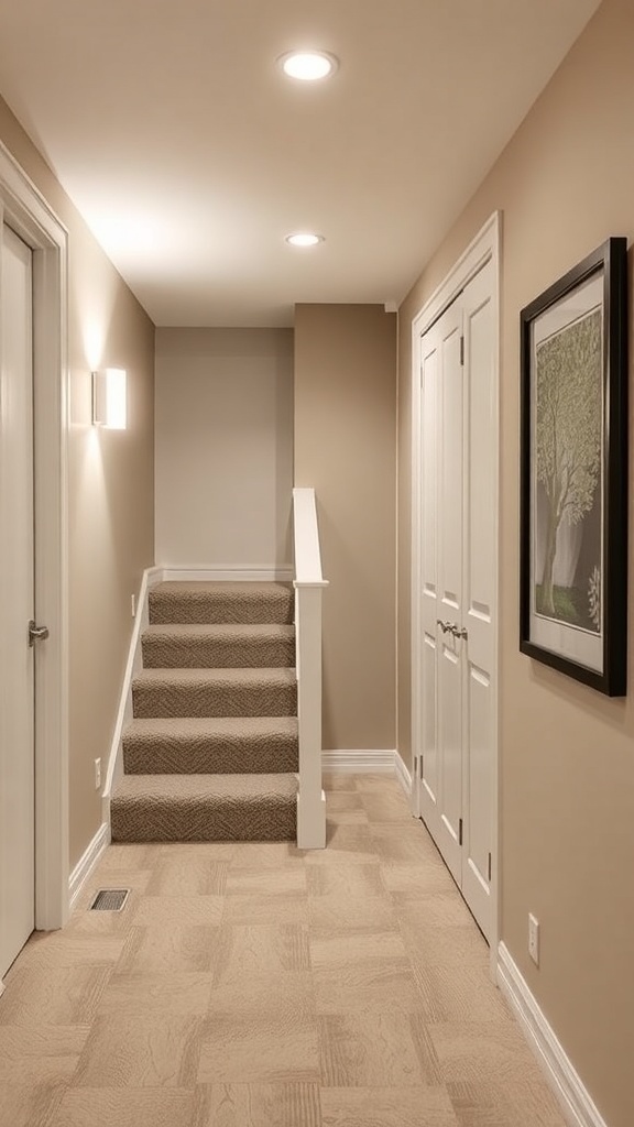 A well-lit basement stairs area with a closet and carpeted steps.