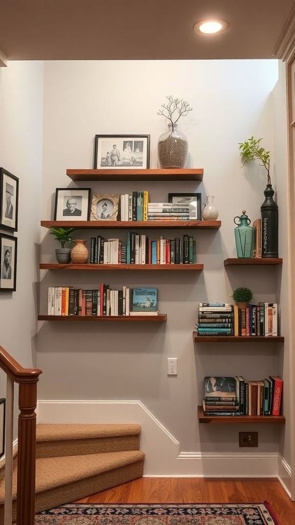 A stylish display of floating shelves with books and decorative items near basement stairs.