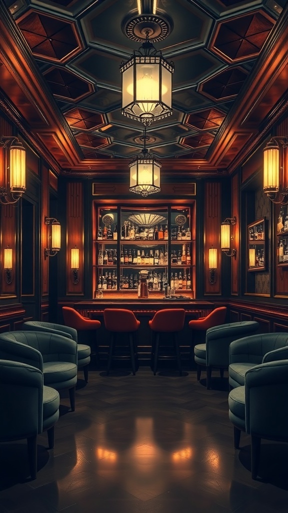 Art Deco inspired basement bar with plush seating and elegant lighting.