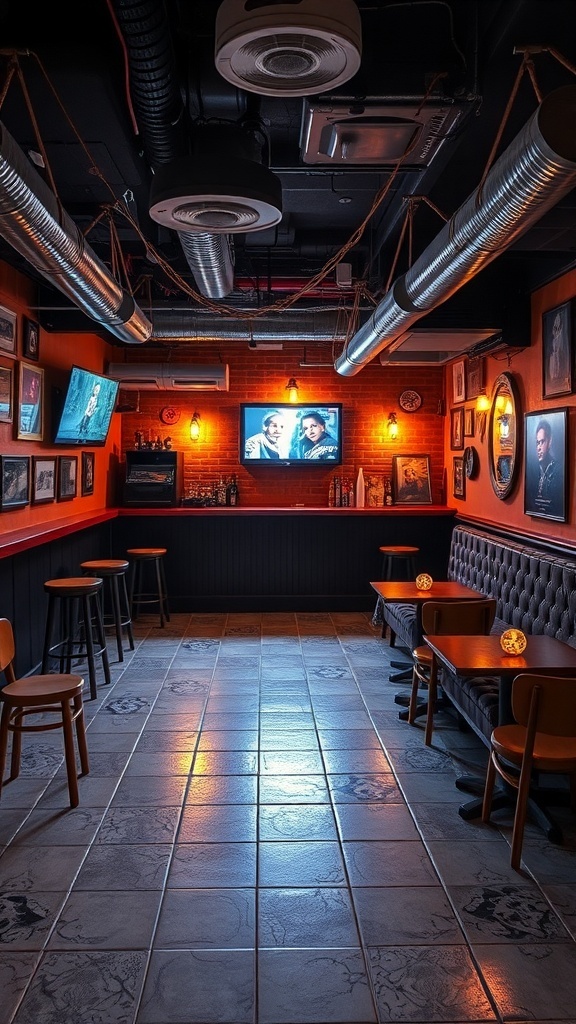 Cozy basement bar with a TV, framed photos on the walls, and warm lighting.
