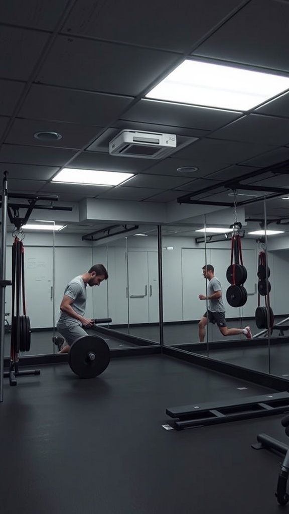 A basement gym with mirrored walls and a person lifting weights.