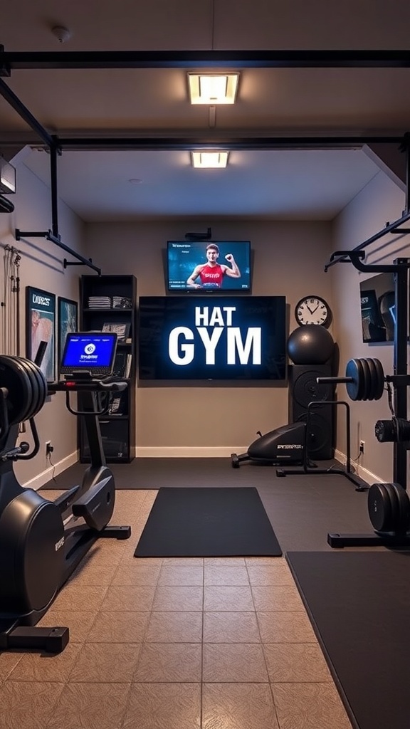 A modern home gym setup featuring exercise equipment and a large screen displaying workout content.