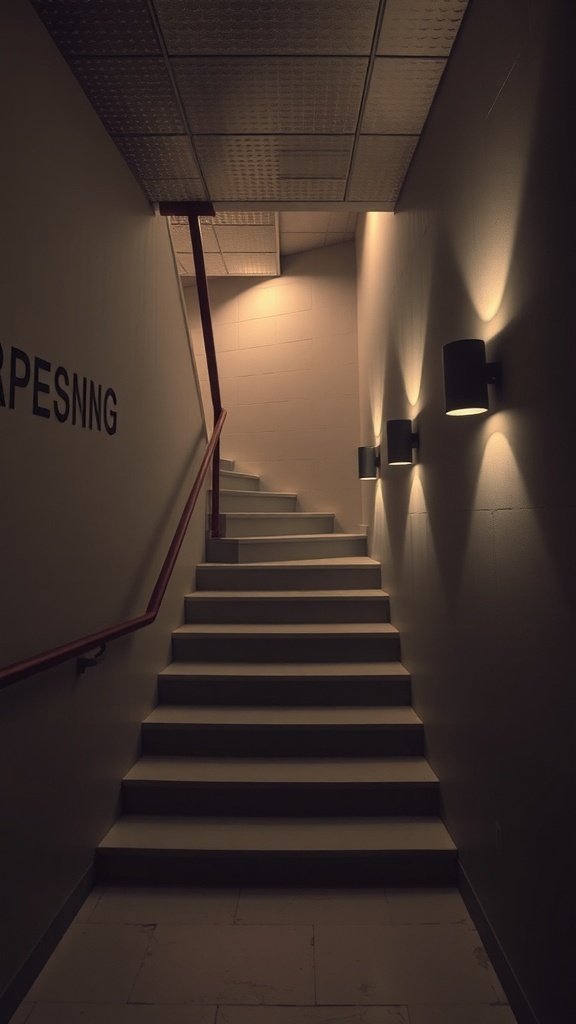 Well-lit basement stairs with wall-mounted lights creating a warm glow