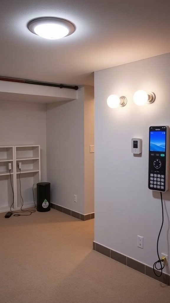 A modern basement with smart home technology, featuring a control panel and stylish lighting.