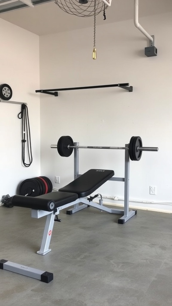 Adjustable bench in a garage gym setup with weights