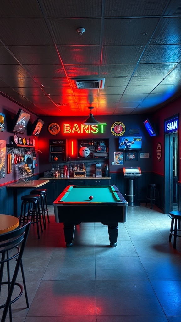 A game room bar featuring a pool table, neon lights, and sports memorabilia.