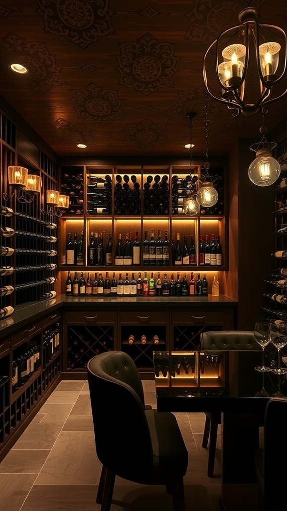 Cozy wine cellar bar with tasting area featuring shelves of wine bottles, elegant lighting, and comfortable seating.