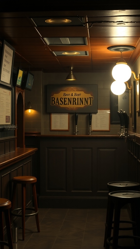 Interior of a classic pub-style basement bar with wooden bar top, beer taps, and warm lighting.