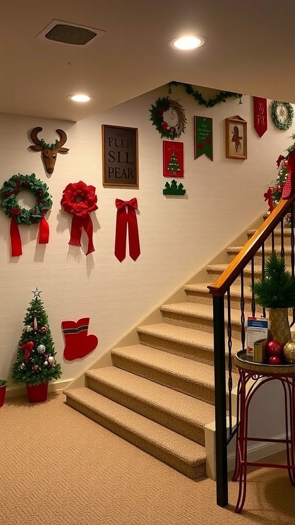 A decorated basement staircase with holiday-themed decor including wreaths, bows, and a small Christmas tree.