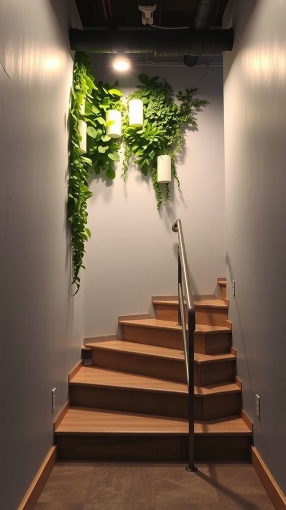 Vertical garden on basement stairs wall with hanging planters and wooden stairs