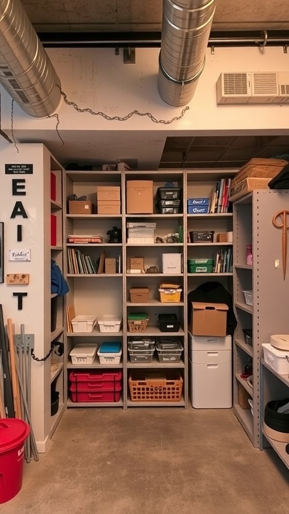 A well-organized shelving unit in a basement, showcasing vertical storage solutions.