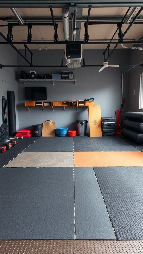 A half garage gym with mixed flooring, featuring rubber tiles in black, orange, and gray, organized workout equipment, and a clean layout.